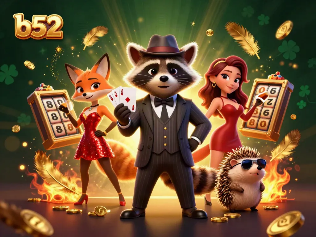 Experience thrilling casino action with b52 in vibrant illustration featuring characters in a dynamic gambling scene.