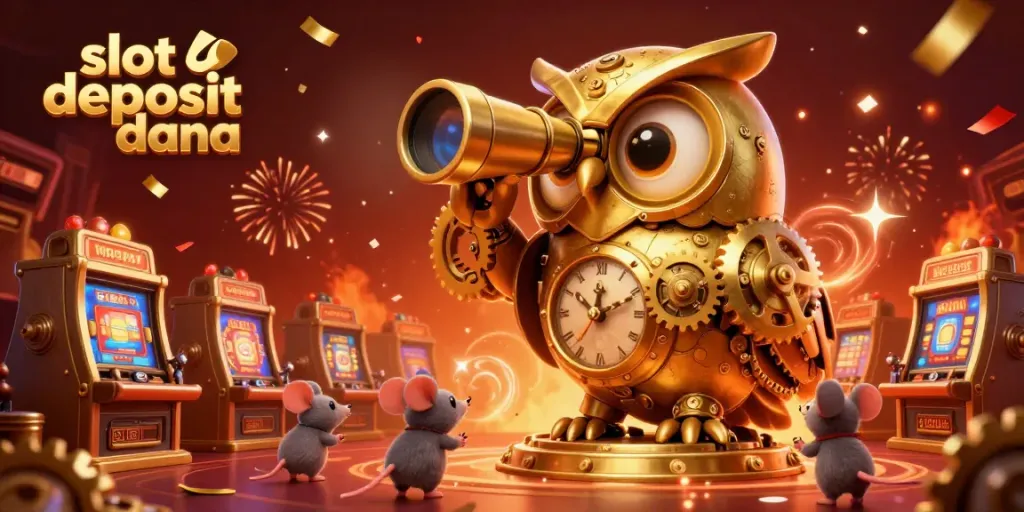 Experience slot deposit dana excitement with a golden owl observing vibrant casino action.