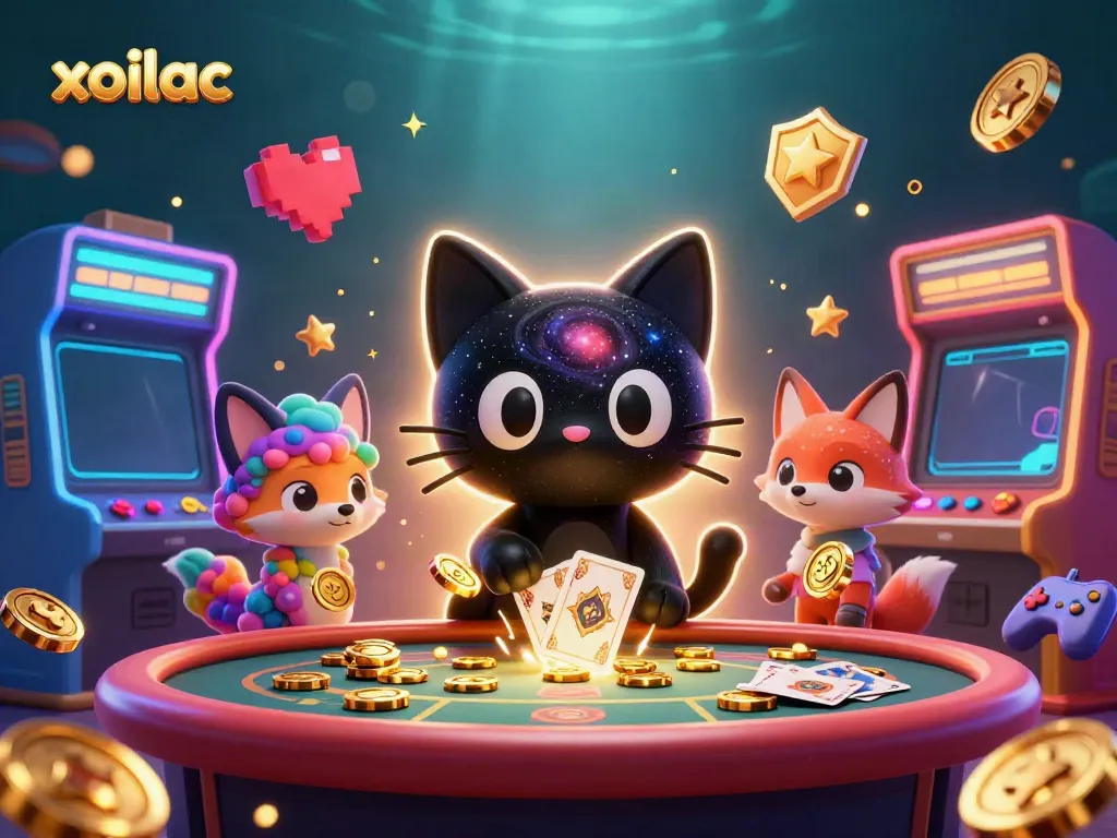 Experience xoilac's cosmic casino adventure with a black hole cat and a nebula fox, pulling in golden winnings.