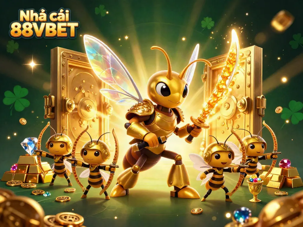 Engage in thrilling gameplay at Nhà cái 88VBET, featuring dynamic golden hornet samurai overseeing rich treasures and exciting casino elements.