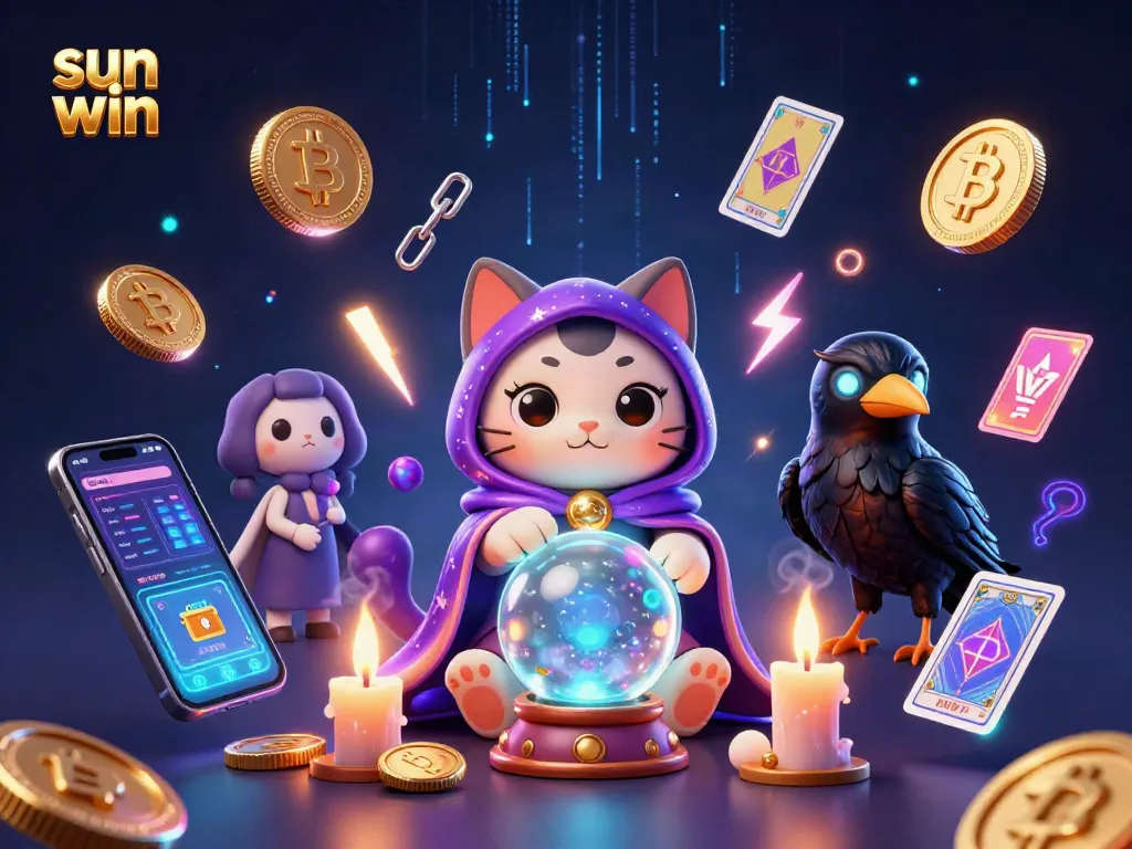 Win big with sun win in this vibrant 3D casino illustration featuring mystical elements and cryptocurrencies.
