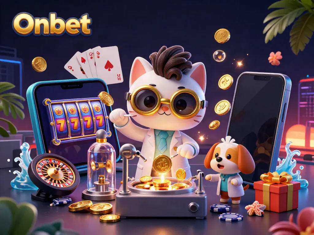 Experience Onbet's lively casino scene with mad scientist cat and assistant creating gold coins.