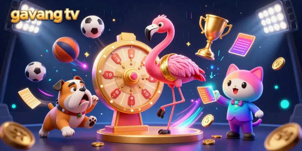 Experience the excitement of sports with gavang tv's dynamic casino gaming scene featuring vibrant cartoon characters and elements.