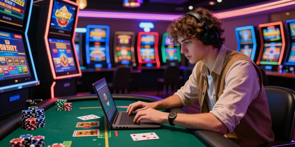 Engaging gaming moment at sites not on GamStop with vibrant casino elements.
