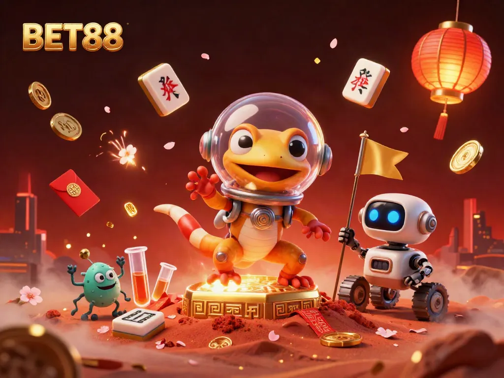 Engage in thrilling games at BET88 with a fun Martian gecko and a celebratory atmosphere in a colorful casino
