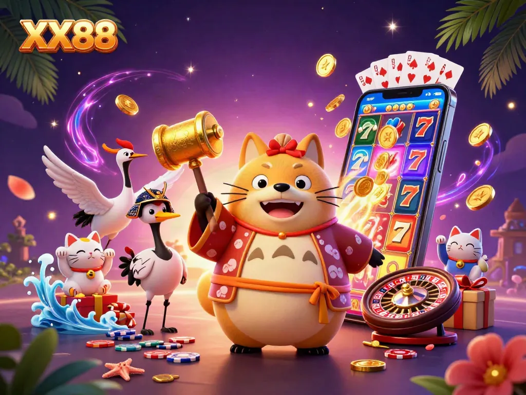 Play exciting slots and win with XX88 in a vibrant 3D casino scene featuring joyful characters.