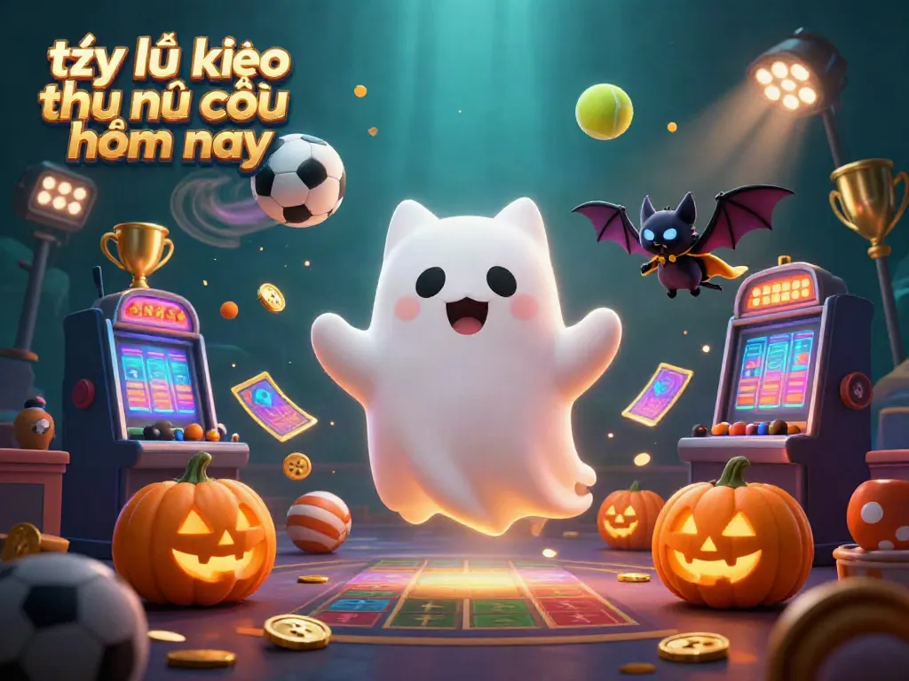 Tỷ lệ kèo nhà cái hôm nay illustrated with a friendly ghost cat and vampire bat in a haunted casino setting
