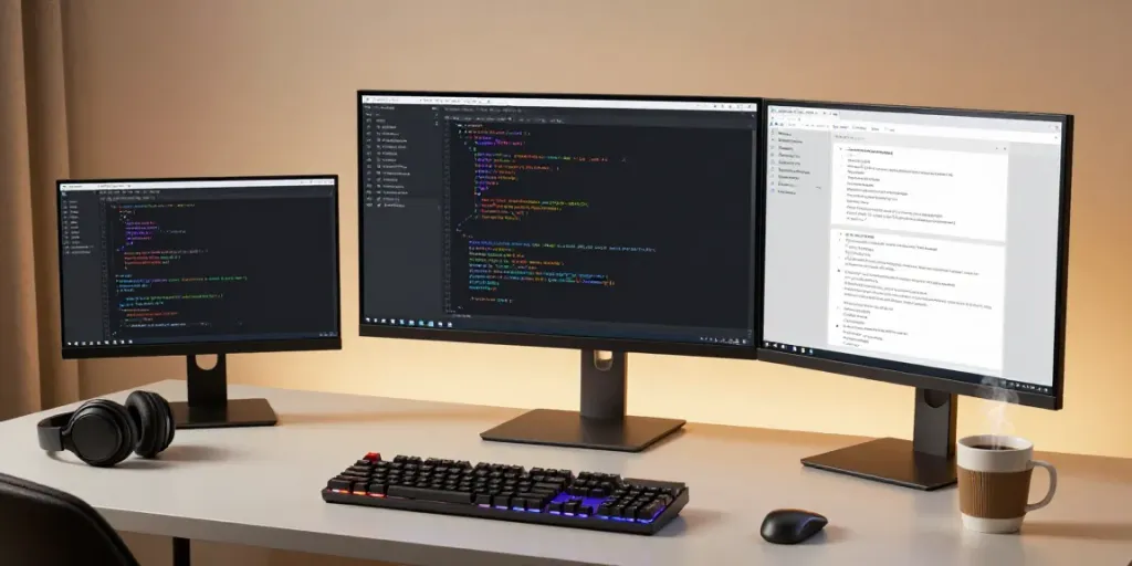 Buy .co.uk domain seen in a modern developer workspace with coding setup.
