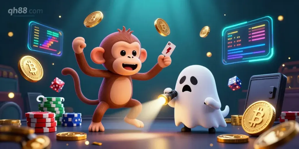 Engage with QH88 com in a captivating haunted casino scene featuring a playful monkey and ghost-hunter puppy.