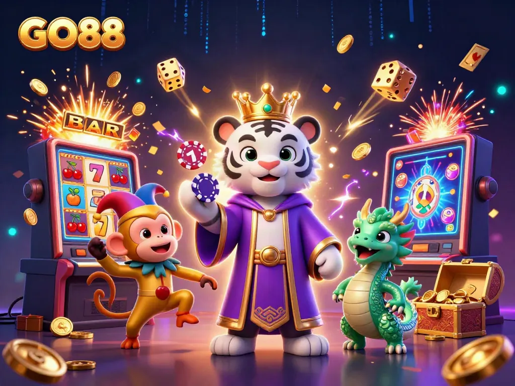 Engage with exciting GO88 adventures featuring a vibrant casino scene with playful characters.