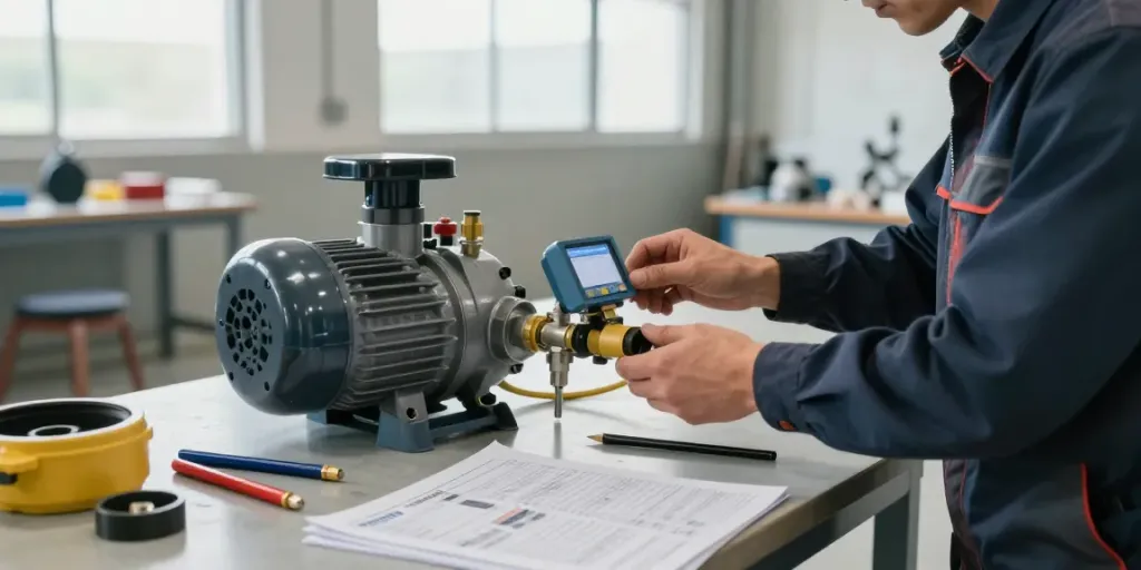 Technician adjusting a water pump pressure switch in an industrial workshop.