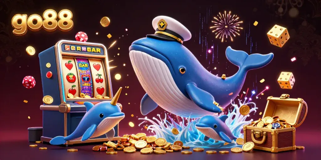 Experience the thrilling jackpot moment with go88, featuring a whale, narwhal, and dolphins amidst gold coins.