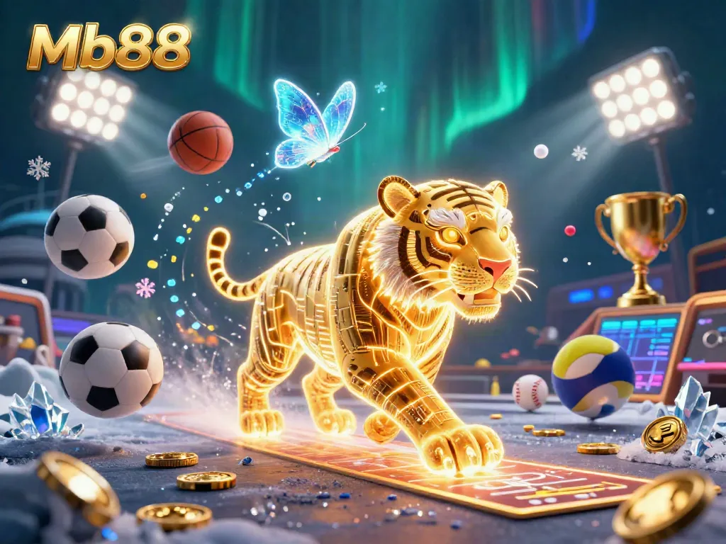 Experience thrilling moments at Mb88 with a golden tiger and holographic butterflies in a vibrant casino scene.