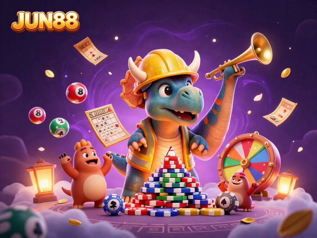 Experience the excitement of JUN88 with colorful casino elements and joyful characters in a dynamic scene.