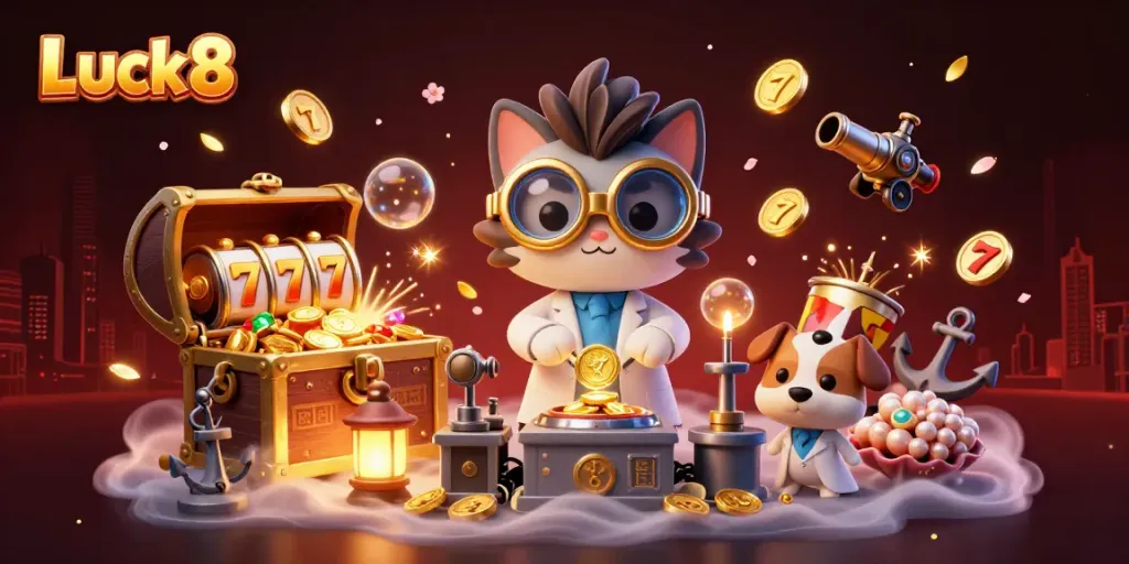 Win big at Luck8 with a vibrant 3D casino scene featuring playful characters and dynamic gaming elements.