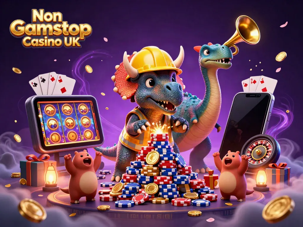 Celebrate winning at Non Gamstop Casino UK with cheerful dinosaurs building poker chip towers.