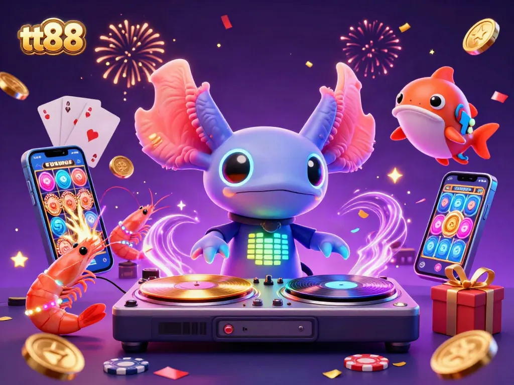 Experience the excitement of tt88 with vibrant 3D characters celebrating near colorful slot games and casino elements.