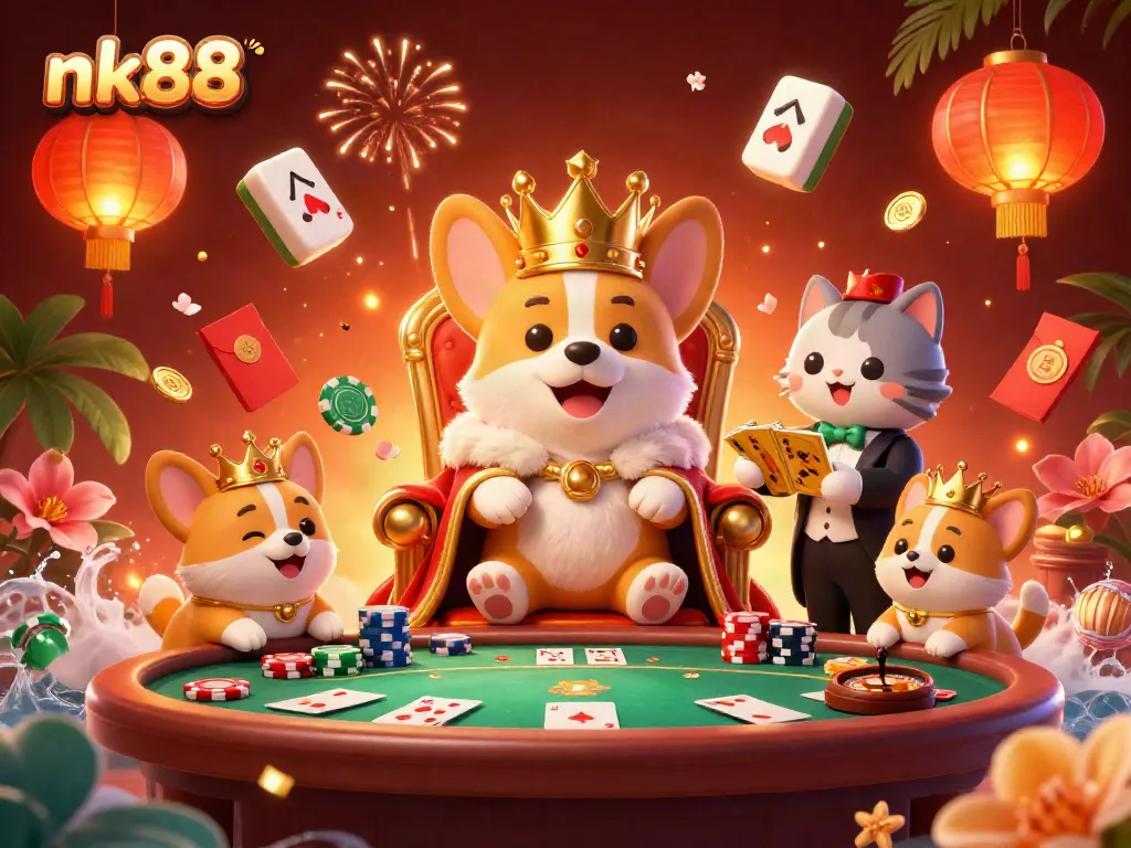 Engage with nk88's thrilling gaming scene featuring a royal corgi on a poker throne surrounded by casino elements.