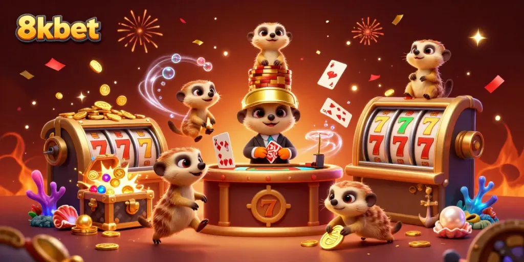 Experience the excitement at 8xbet with meerkats running a vibrant casino, featuring slots and lively gaming elements.