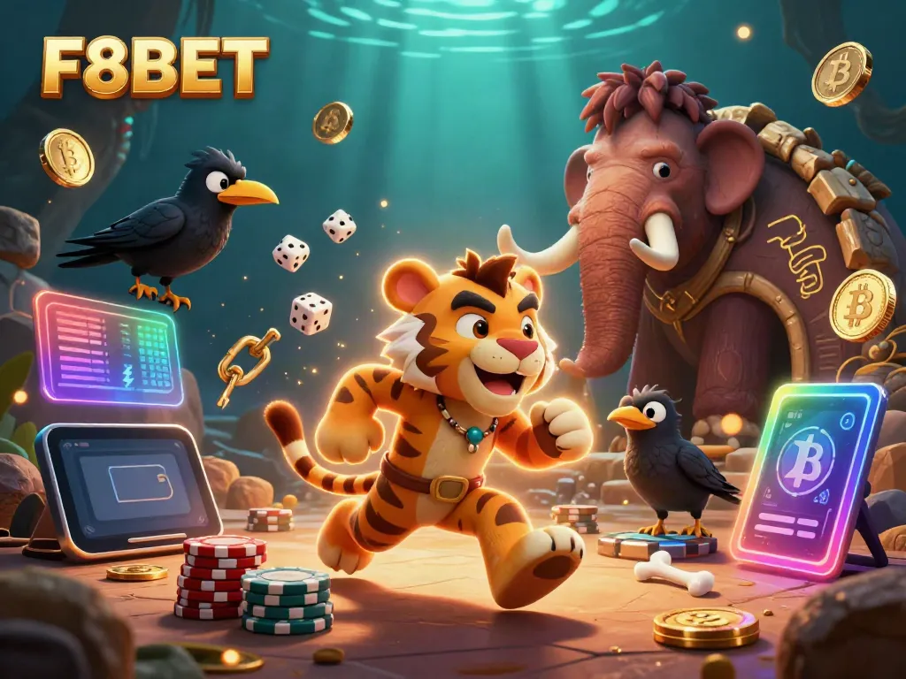 Experience the thrill of F8BET with a prehistoric casino scene featuring a caveman and sabertooth tiger.