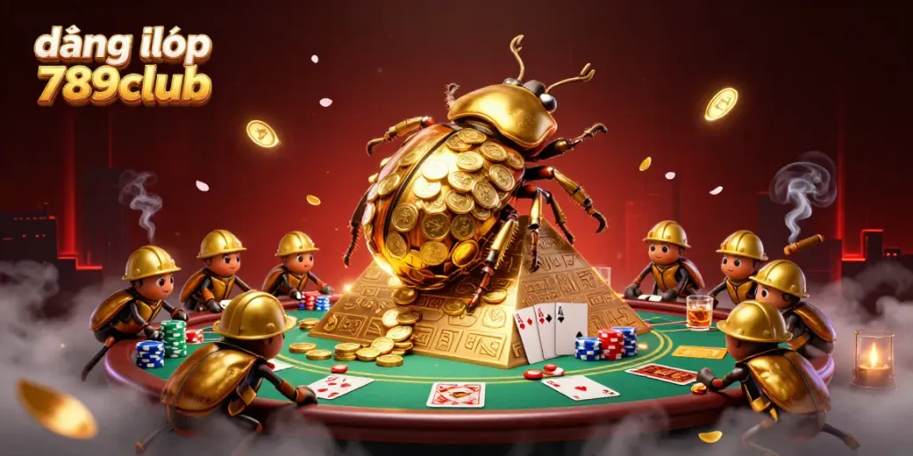 Engaging 3D illustration with golden dung beetle and casino elements for đăng nhập 789club.