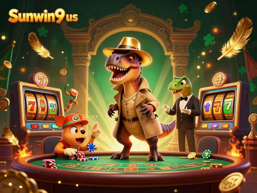 Experience the thrill of Sunwin9 us with a velociraptor card counter in a vibrant casino scene.