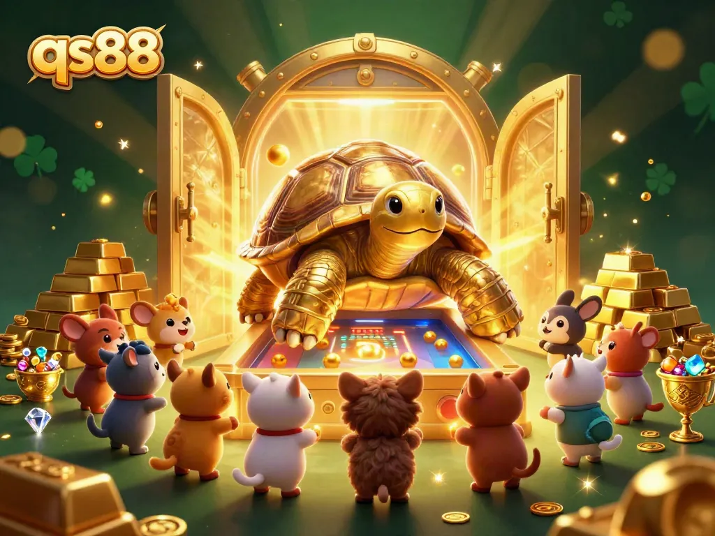 Experience thrilling gameplay with qs88 as tiny golden creatures surround a colossal tortoise and treasure vault.