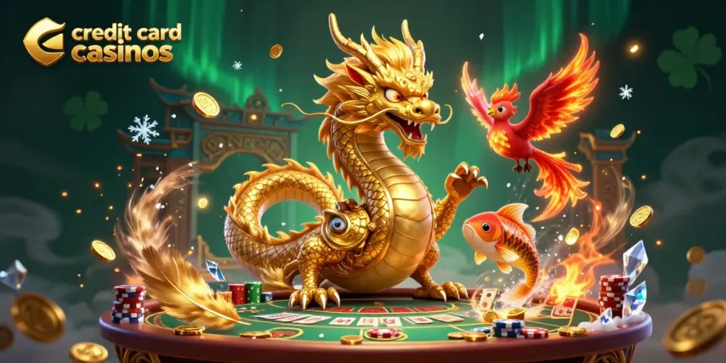 Engage with credit card casinos featuring a dragon, phoenix, and koi fish set in a vibrant casino scene.