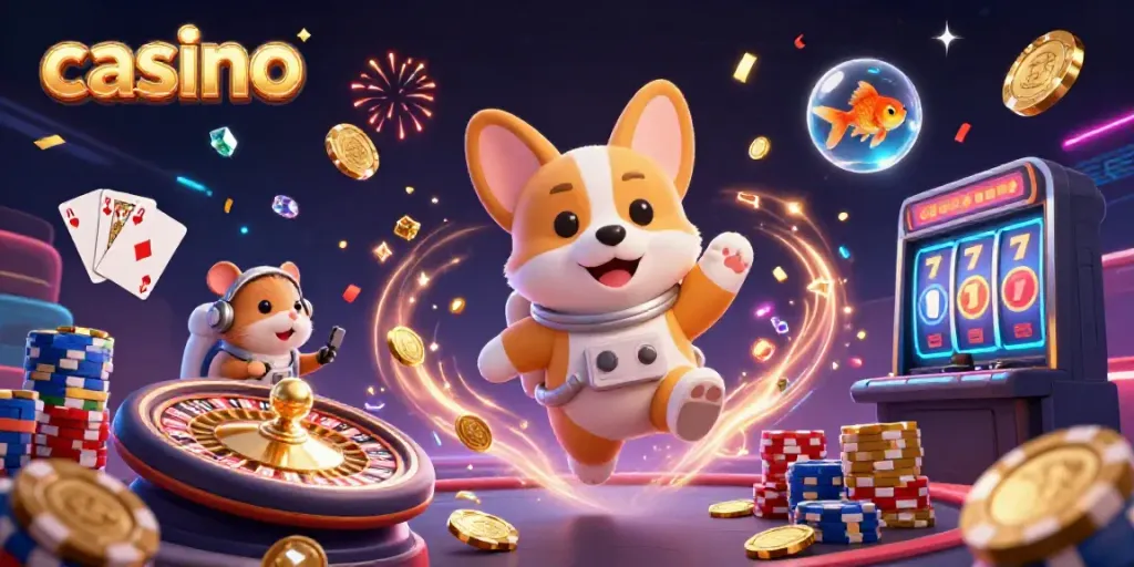 Experience a vibrant casino scene with a floating astronaut corgi, poker chips, and festive elements.