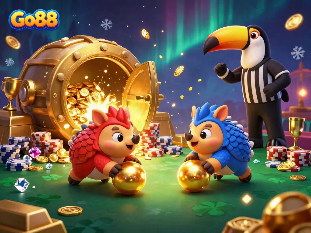 Experience intense Go88 gaming action with colorful pangolins and treasure as they roll through poker chips.