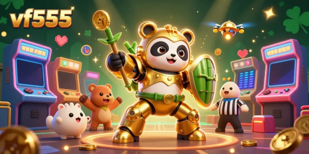 Engage with vf555 in an exciting 3D casino scene featuring a dynamic golden panda mech and vibrant arcade game elements.
