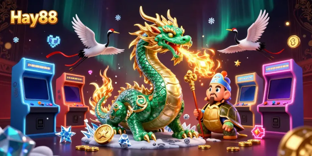 Experience thrilling gaming at Hay88 with dynamic characters and casino elements in a vibrant 3D illustration.