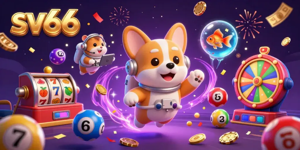 Engaging sv66 promotional casino art featuring a floating corgi astronaut and vibrant gaming elements