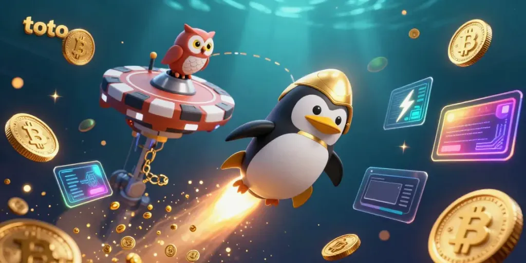 Engage with a thrilling scene showcasing a rocket-powered penguin in a casino space adventure while winning with toto.