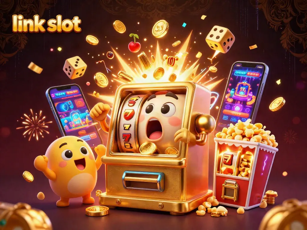 link slot celebrates jackpots with a 3D cartoon slot machine and baby machines cheering amidst flying symbols.