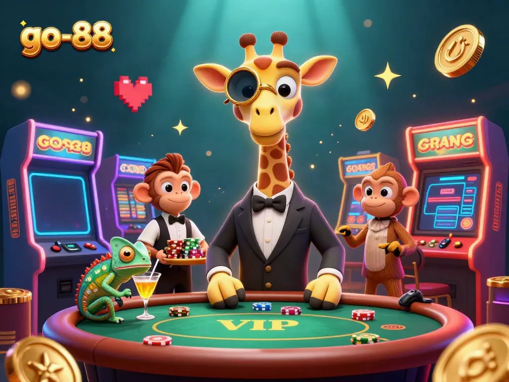 Experience high-stakes fun with go-88 as the giraffe greets you at the VIP poker table.