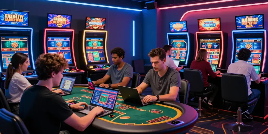 8KBET online casino experience with players enjoying games on laptops and mobile devices.