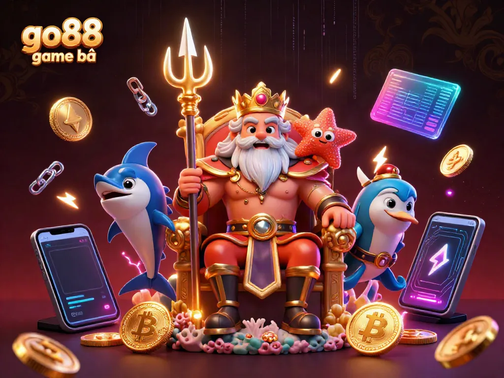 Playing go88 game bài rewards amid a vibrant 3D casino scene with Neptune and treasures.