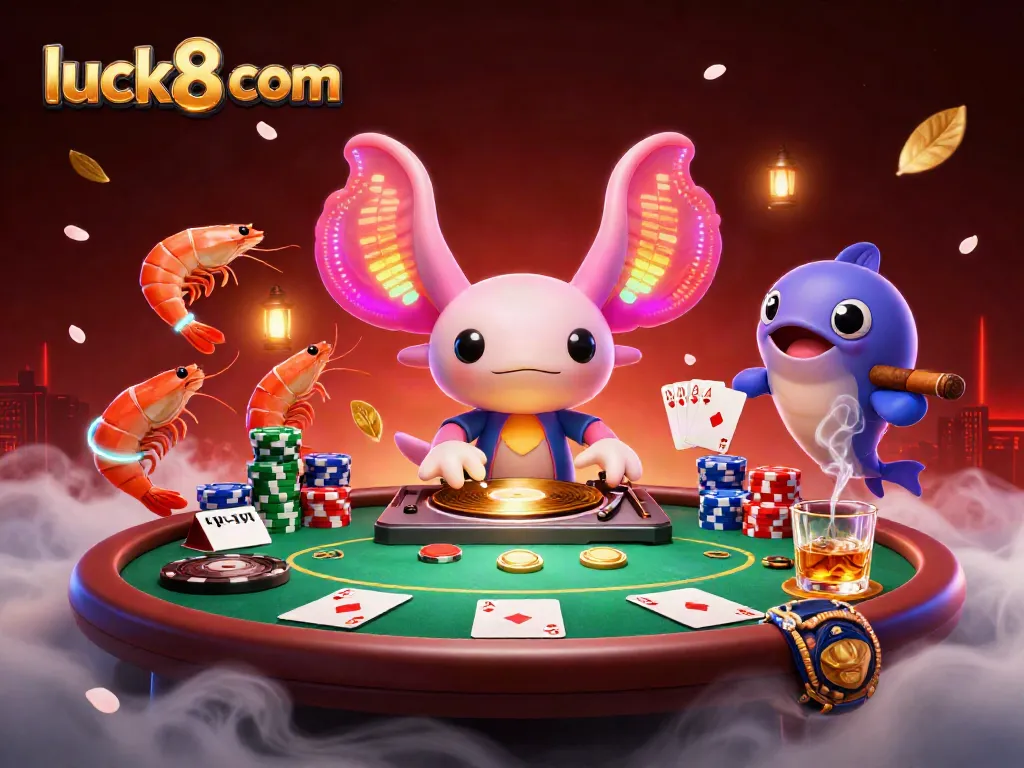 Engaging 3D scene of axolotl DJ and dancing shrimp, showcasing the vibrant luck8 com casino atmosphere.