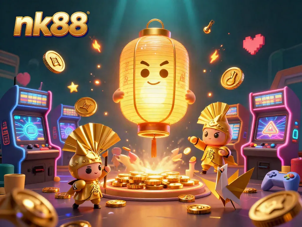 Engage with nk88's thrilling gaming experience featuring a golden lantern spirit icon above a lively casino scene.