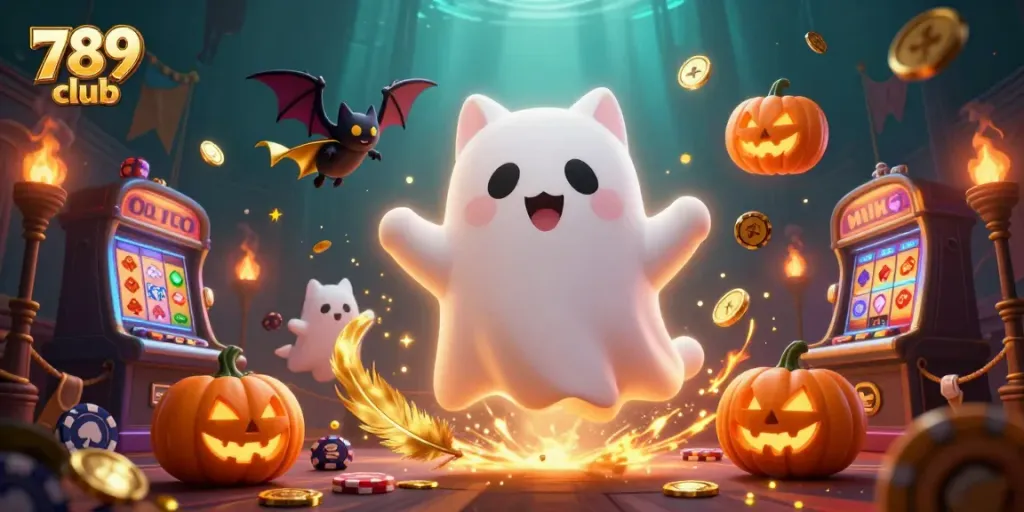 Engage in the thrilling atmosphere of 789 club with a ghostly cat and vampire bat in a vibrant casino setting.