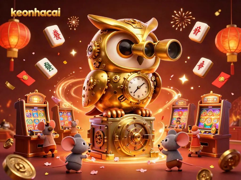 Engage with the keonhacai casino scene featuring a golden owl and vibrant gaming elements.