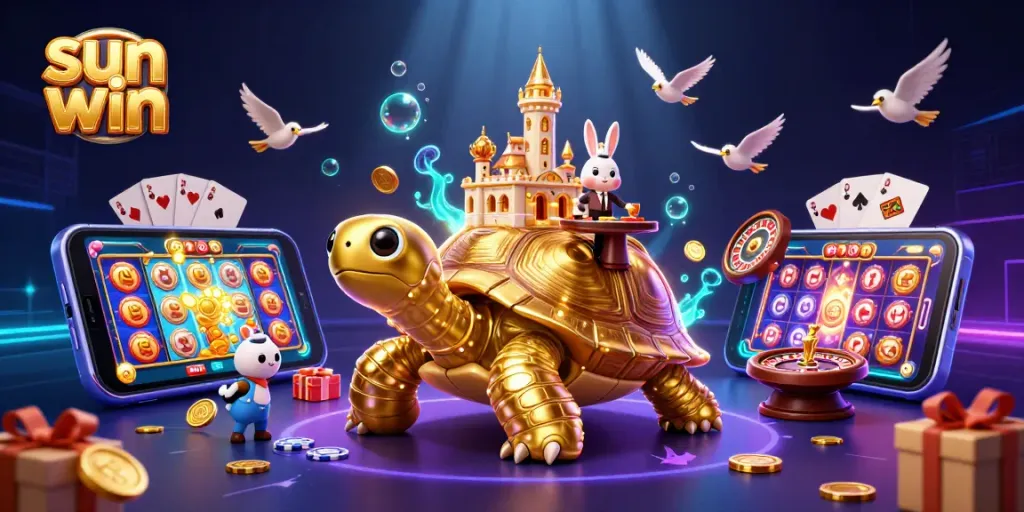 Experience the exciting sun win gaming atmosphere with cartoon tortoise and vibrant casino elements.
