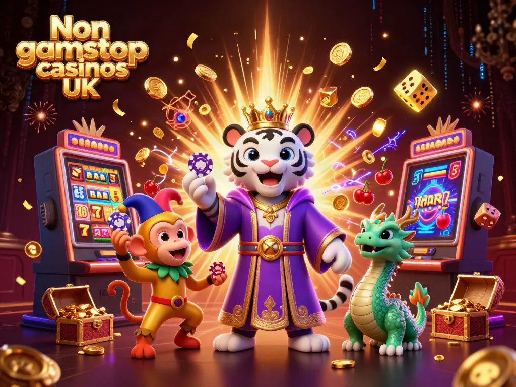 Engaging scene illustrating Non gamstop casinos UK with characters celebrating and dynamic slot machine elements.