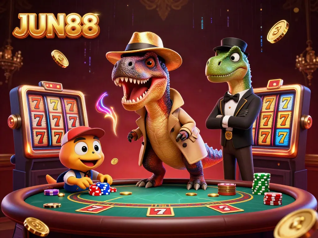 Experience JUN88's thrilling slot gaming scene with vibrant characters and dynamic elements.