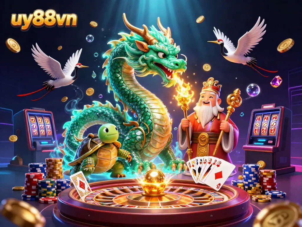 Experience excitement with uy88vn's illustrated scene of a jade dragon and lucky symbols in action.