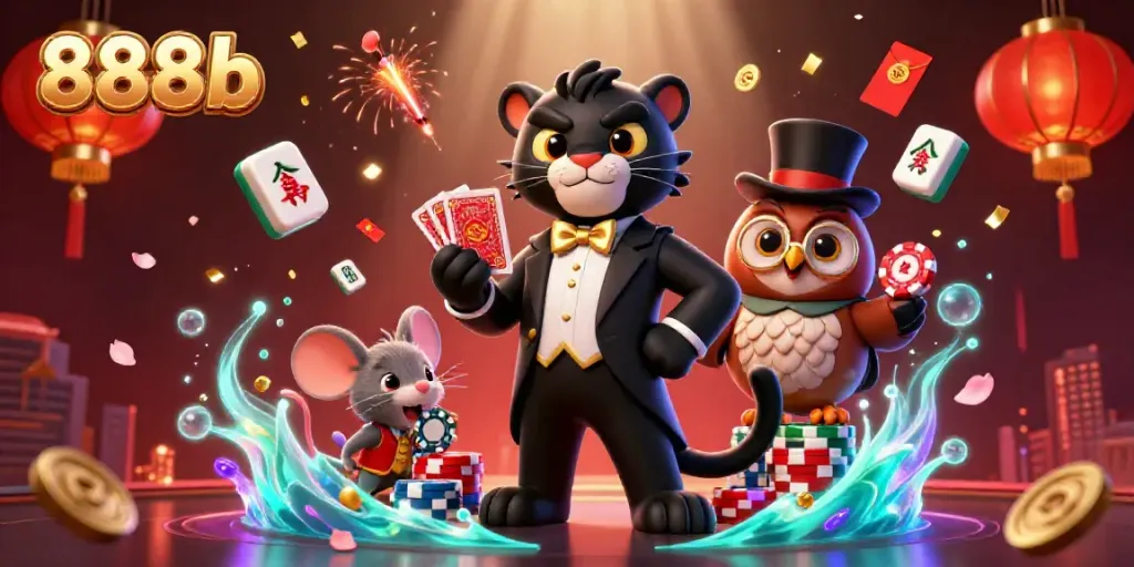 Engage with the vibrant world of 888b while a stylish panther deals cards in this lively casino scene