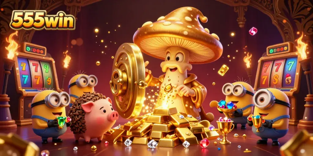 Experience the exciting world of 555win with a golden mushroom wizard in a vibrant casino scene.