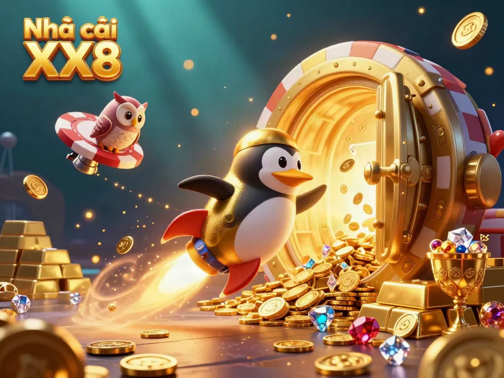 Experience the adventure with Nhà cái XX8 as a golden penguin soars toward a casino space station filled with treasure.