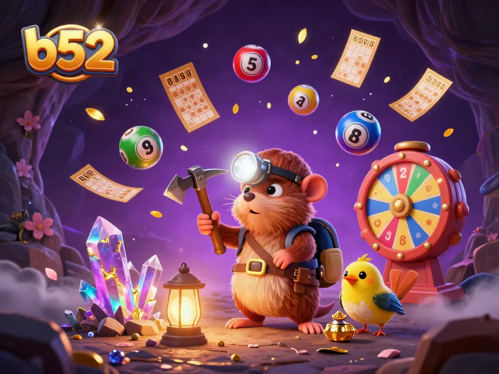 Engage in exciting b52 casino adventures with vibrant lottery and game elements in a rich illustration.